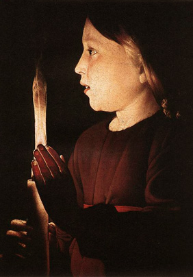 Rostro infantíl a la luz de la vela. Detalle del cuadro: San José carpintero y el Niño Jesús (pintura de G. Latour)