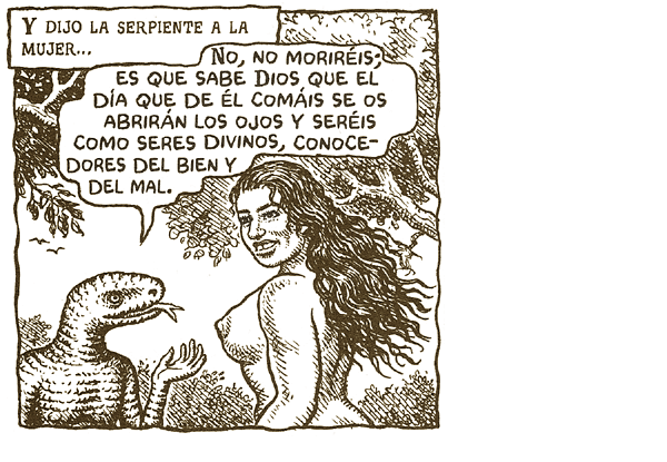 Eva tentada por la serpiente (Viñeta de un cómic de Robert Crumb)