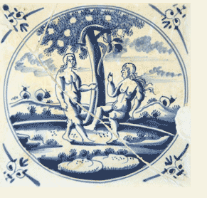 Azulejo holandés representando las figuras de Adán y Eva