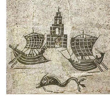 Mosaico romano de Ostia (barcos y faro costero)