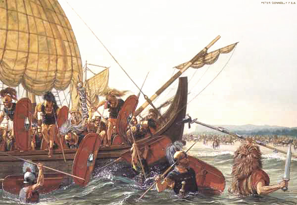 Desembarco de las legiones de Julio César en Britania (recreación por Peter Connolly)