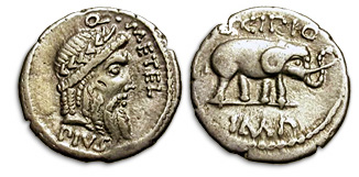 Denario romano de plata, de la familia Cecilia