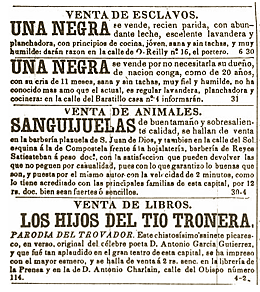 Anuncio de venta de esclavos en un periódico de La Habana