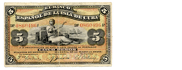 Fotografía de un billete de 5 pesos cubanos