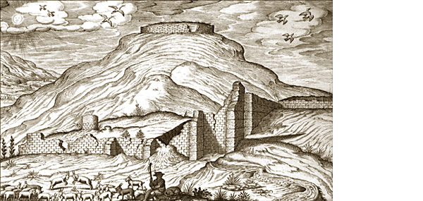 Grabado de las ruinas del castillo de Belillos en el siglo XVII
