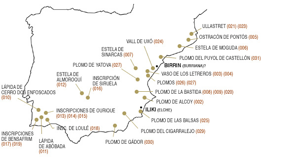 Mapa de la península ibérica señalizando los lugares de procedencia de las inscripciones