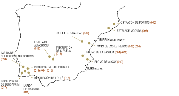 Mapa de la península con la posición de las poblaciones donde aparecieron las inscripciones que se han traducido