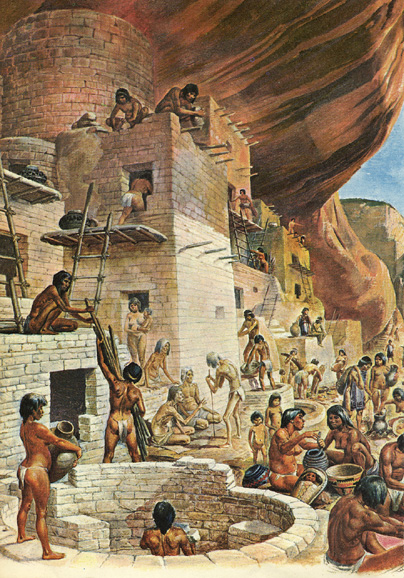 Recreación de un poblado rupestre anasazi (Golden Press Inc.)