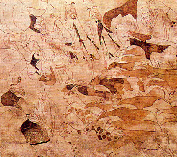 Cabras, carneros, ovejas y pastores bereberes de cabellos rubios (pintura rupestre sahariana de Tassili, entre el 4.000 y el 2.500 a.C.)