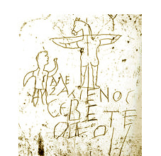 Pintada escolar anticristiana con un asno crucificado (el letrero dice Alexámenos adora a su dios)