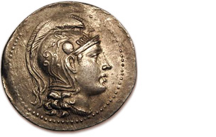 Representación de Atenea en un tetradracma del siglo II a.C.