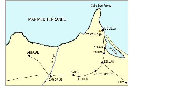 Mapa del norte de África, entre Annual y Melilla